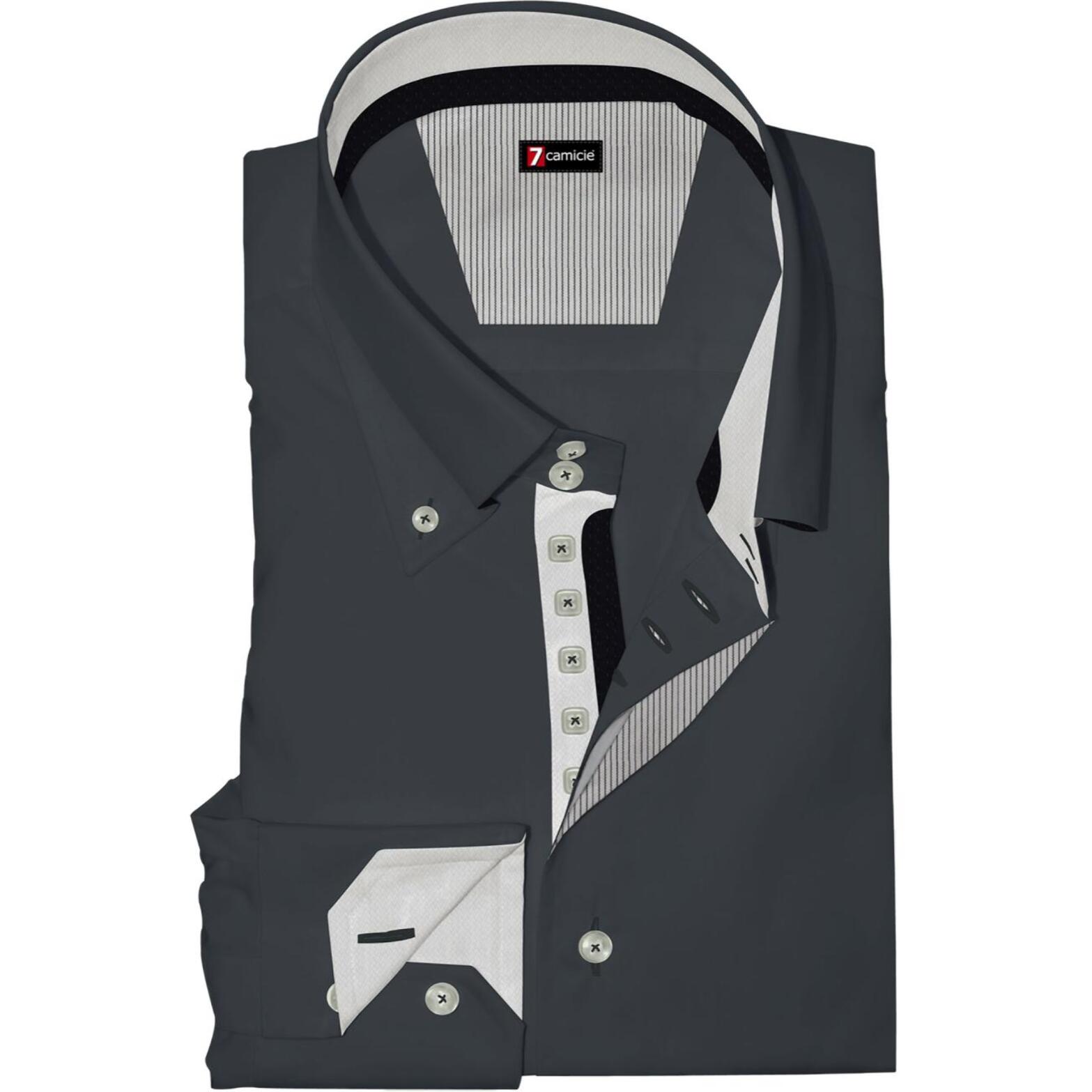 Camicia Uomo 2 Bottoni Button Down Slim Satin Unito Grigio Scuro