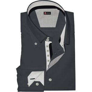 Camicia Uomo 2 Bottoni Button Down Slim Satin Unito Grigio Scuro