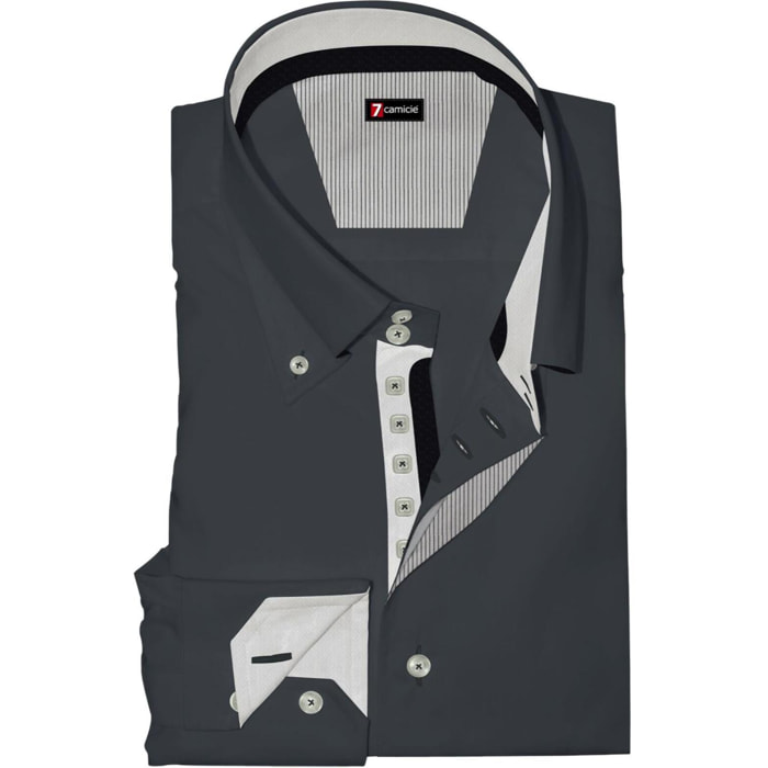 Camicia Uomo 2 Bottoni Button Down Slim Satin Unito Grigio Scuro