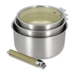 Set de 3 casseroles en acier inoxydable et une poignée amovible vert AGLAE
