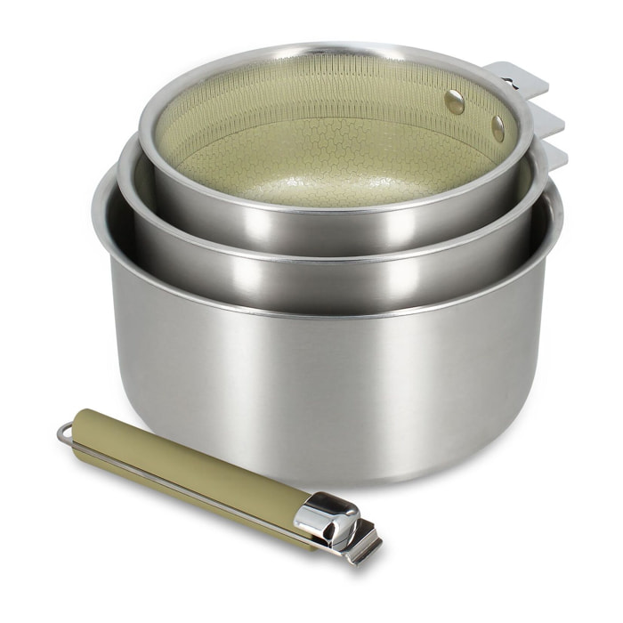 Set de 3 casseroles en acier inoxydable et une poignée amovible vert AGLAE