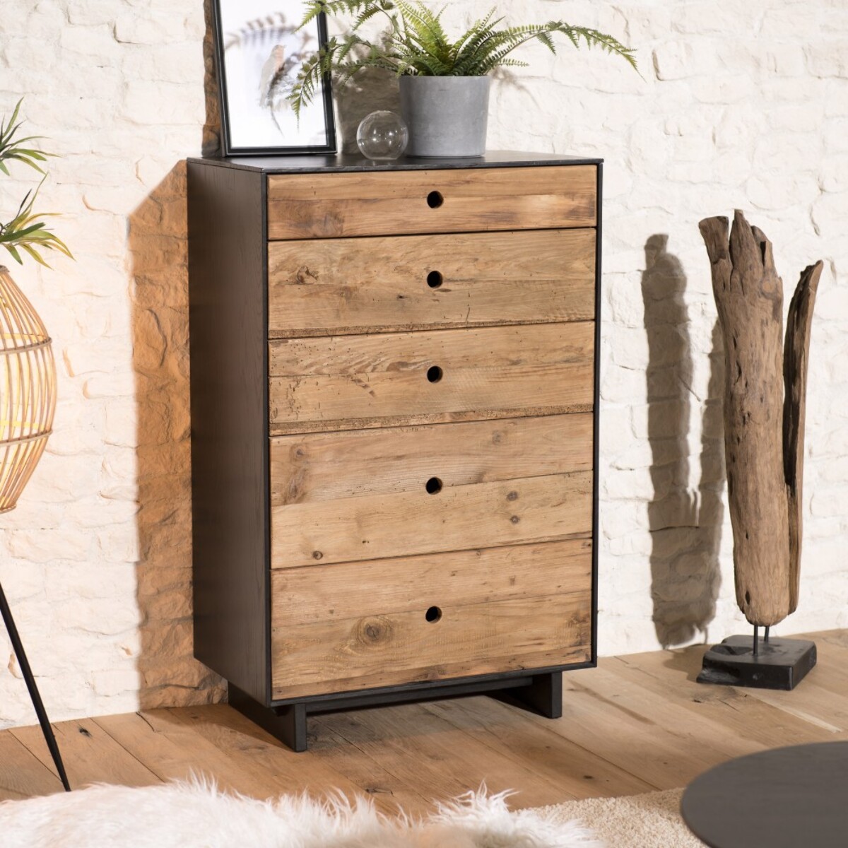 DANDY - Meuble chiffonnier 5 tiroirs bois Pin recyclé naturel et noir