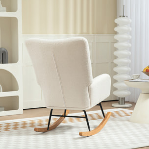 Fauteuil à bascule style nordique haut dossier oreilles piètement bois hévéa effet laine bouclée