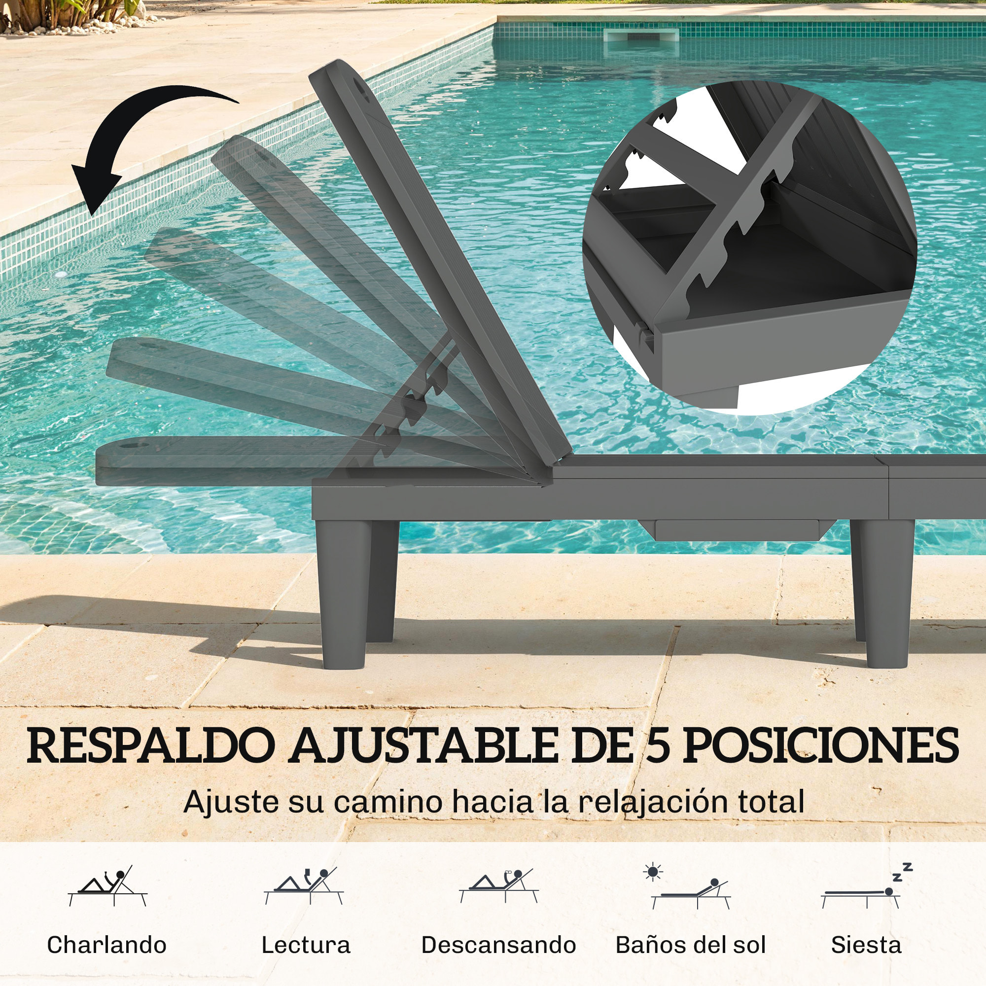 Pack de 2 Tumbonas de Jardín Exterior, Tumbonas Reclinables de Plástico PP con Bandeja Lateral, Respaldo Ajustable de 5 Niveles, Resistentes a la Intemperie, para Playa, Piscina, Gris