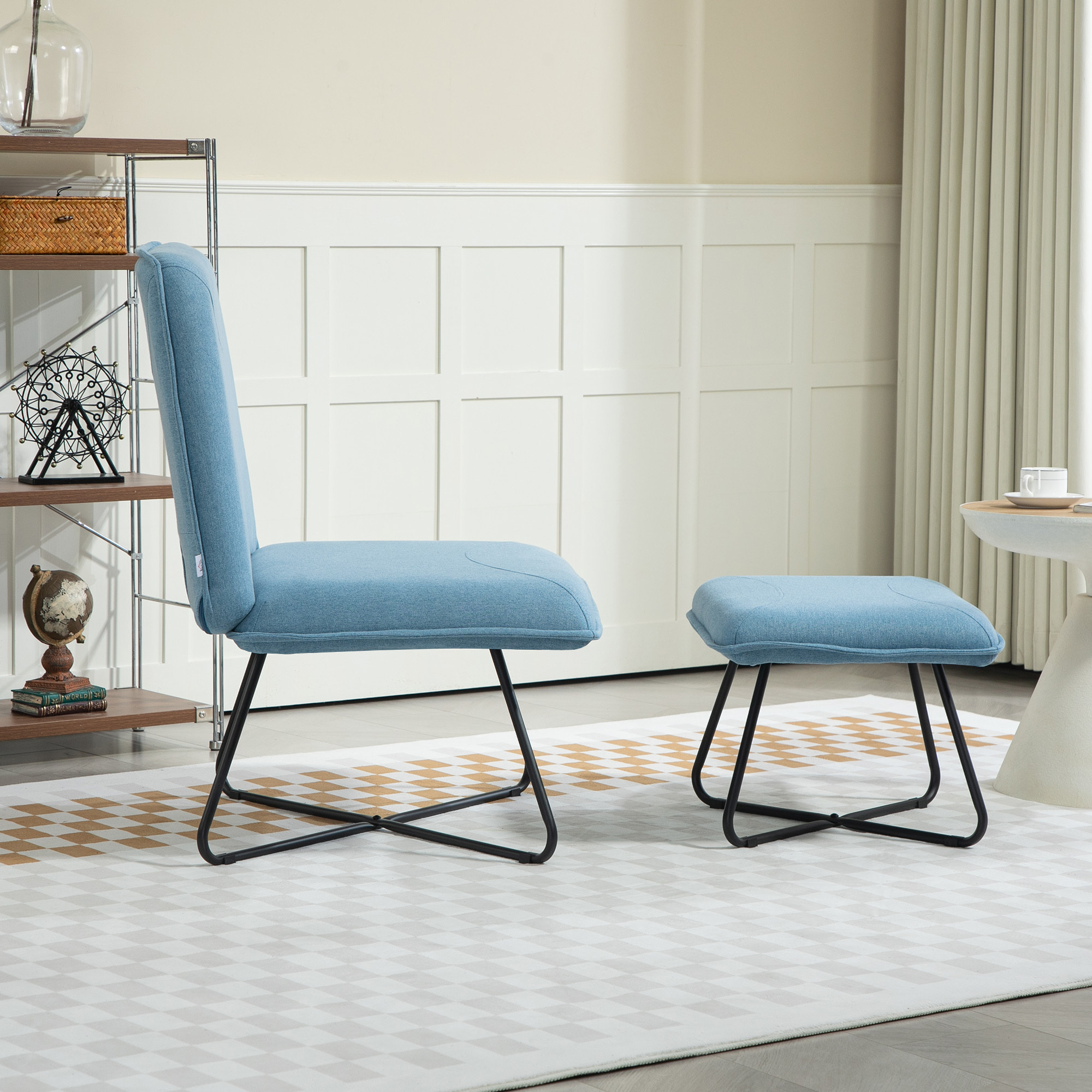 Sillón de Salón con Otomana Sillón de Relax sin Brazos Sillón para Lectura con Patas de Acero en Forma de Cruz para Sala de Estar Dormitorio