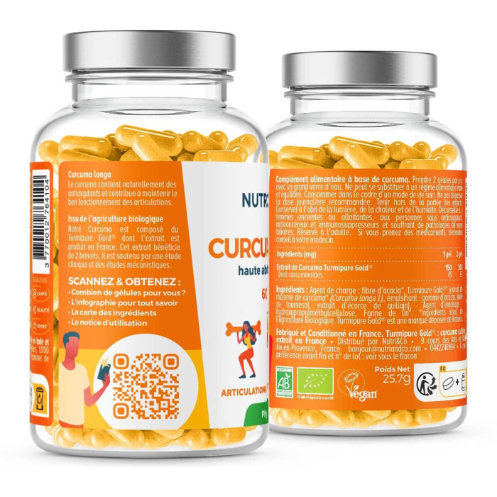 Nutri&Co Curcuma Bio Breveté Haute Absorption pour Articulations - 60 gélules Vegan