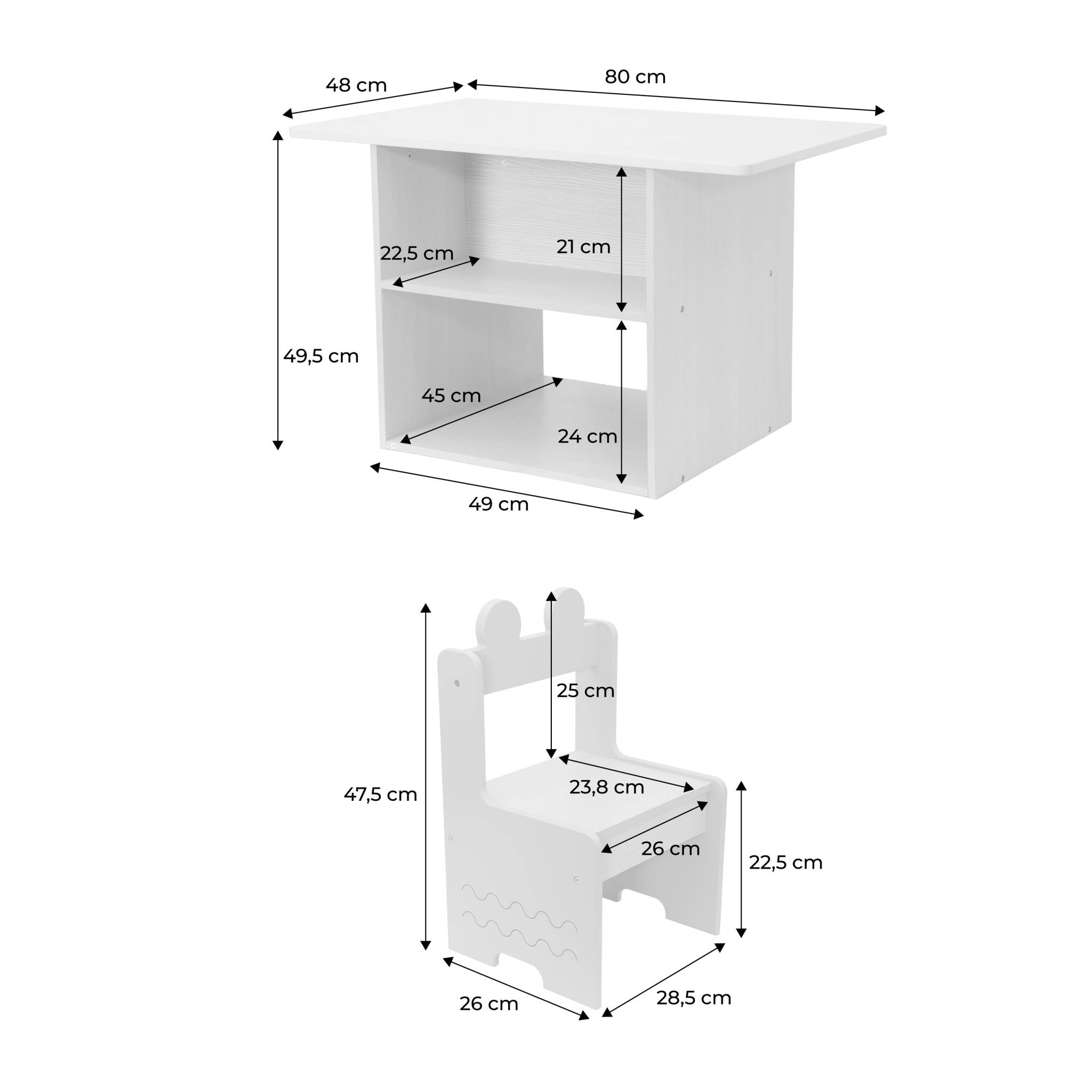 Table enfant + 2 chaises. avec étagères. blanc