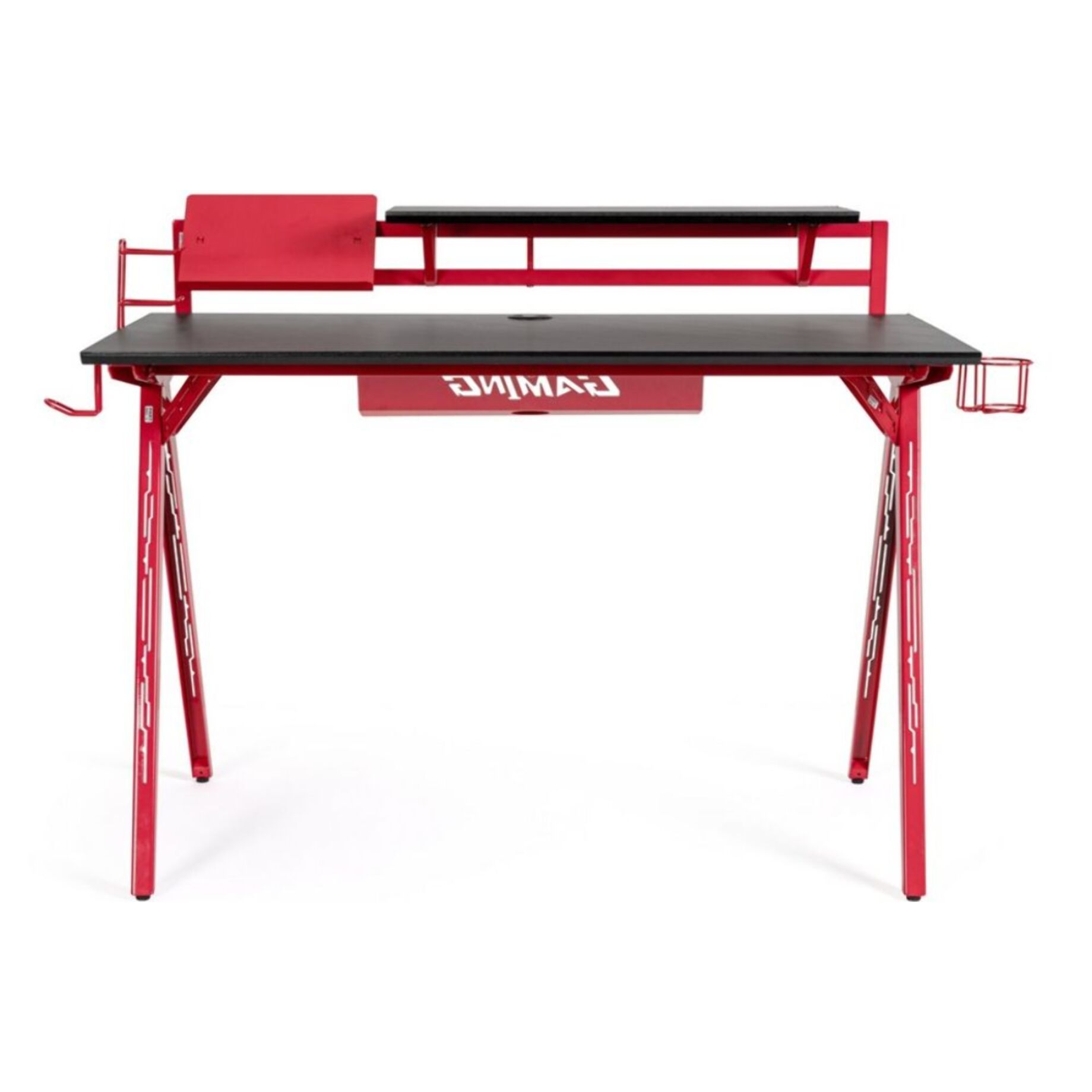 Scrivania GAMING in legno e pvc nero con base acciaio rosso, 135,5 x 60 cm