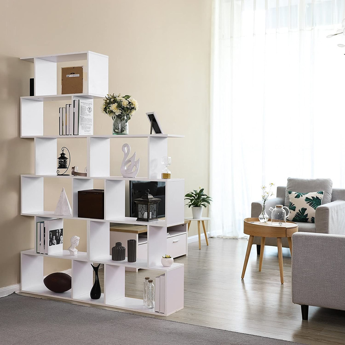 Libreria a zig-zag moderna bianca a 6 ripiani