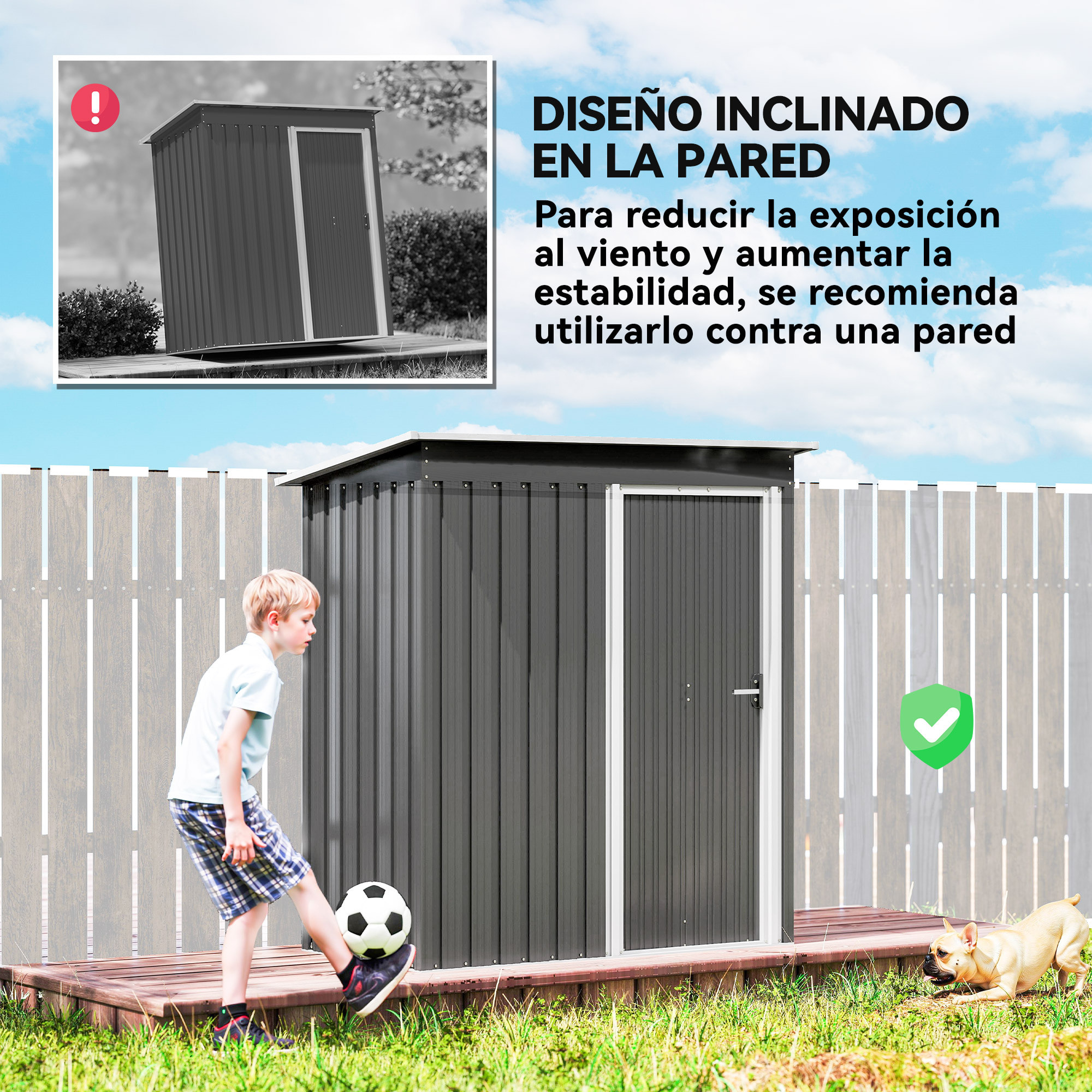 Caseta de Jardín Exterior, 1,16 m², 163x89x182 cm, Cobertizo de Jardín Exterior Metálico con Puerta Corredera y Techo Inclinado, para Almacenamiento de Herramientas, Gris