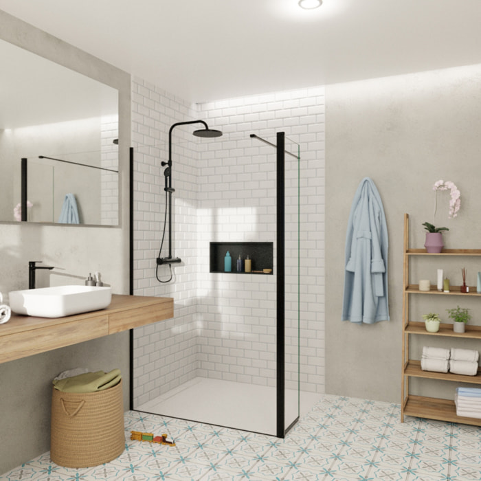 Walk-in 120x200cm Paroi et retour pivotant en verre Crystal Glass® 8 mm anticalcaire , avec bras et profilés noir mat