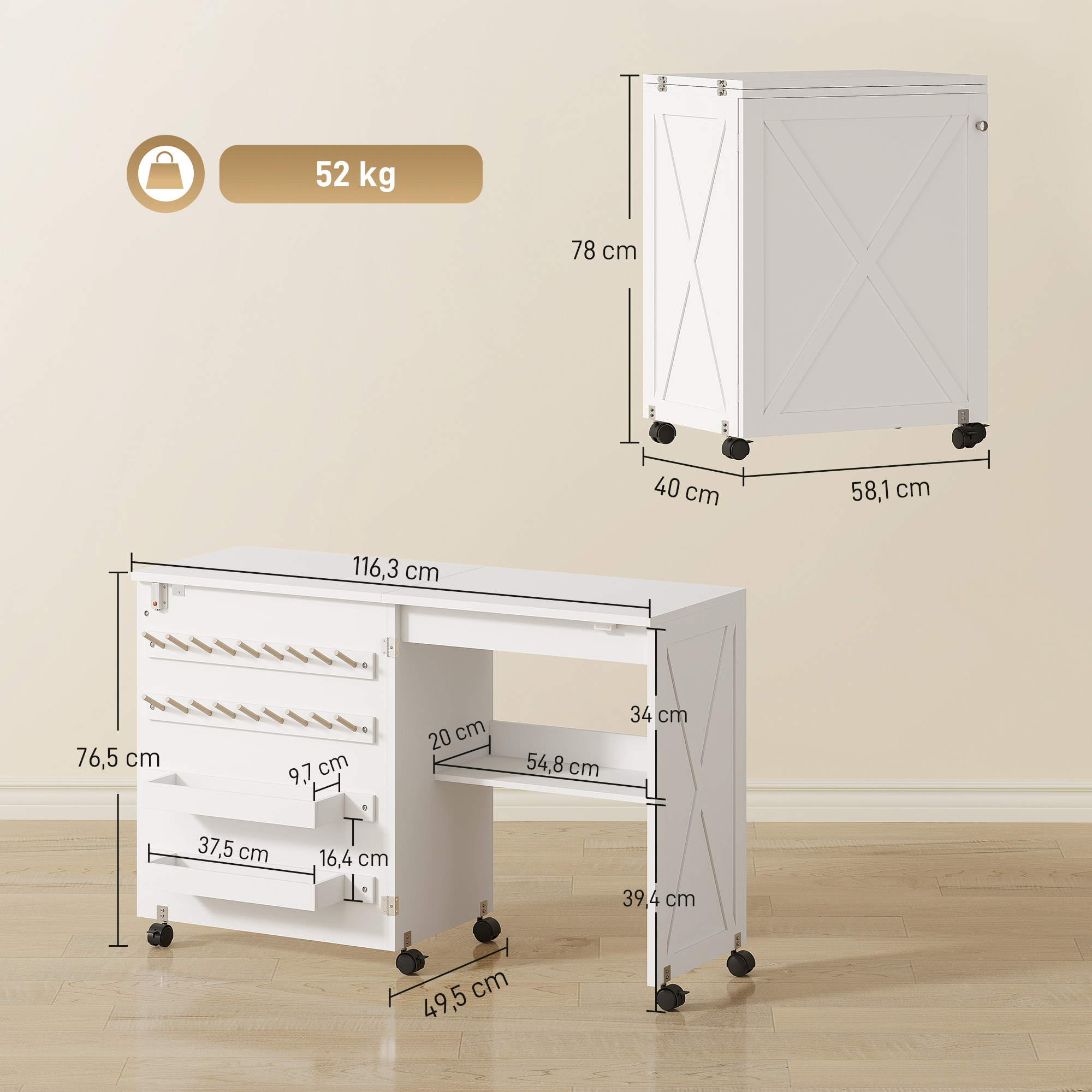 Table de couture pliable mobile 2 bacs 18 porte-bobines étagère blanc