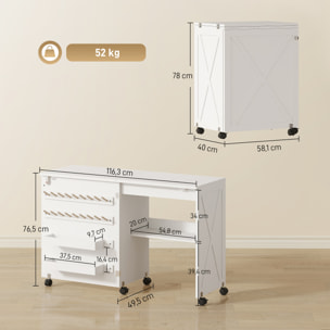Table de couture pliable mobile 2 bacs 18 porte-bobines étagère blanc