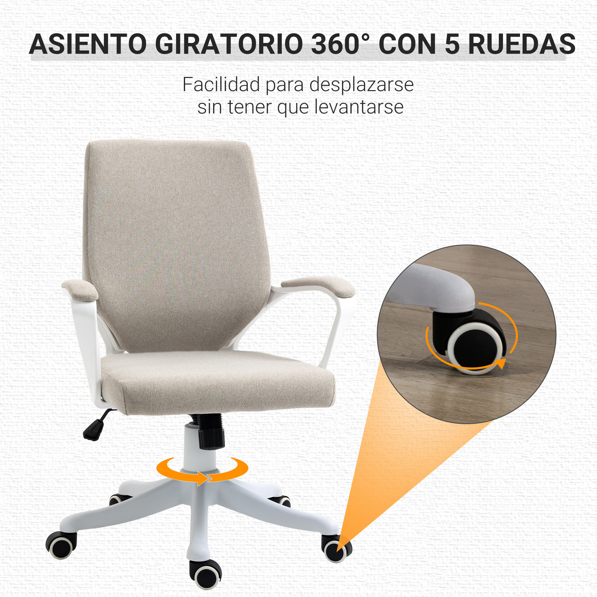 Silla de Oficina Giratoria Silla de Escritorio Basculante con Reposabrazos y Altura Ajustable para Dormitorio Salón Carga 120 kg 62x69x92-100 cm Beige