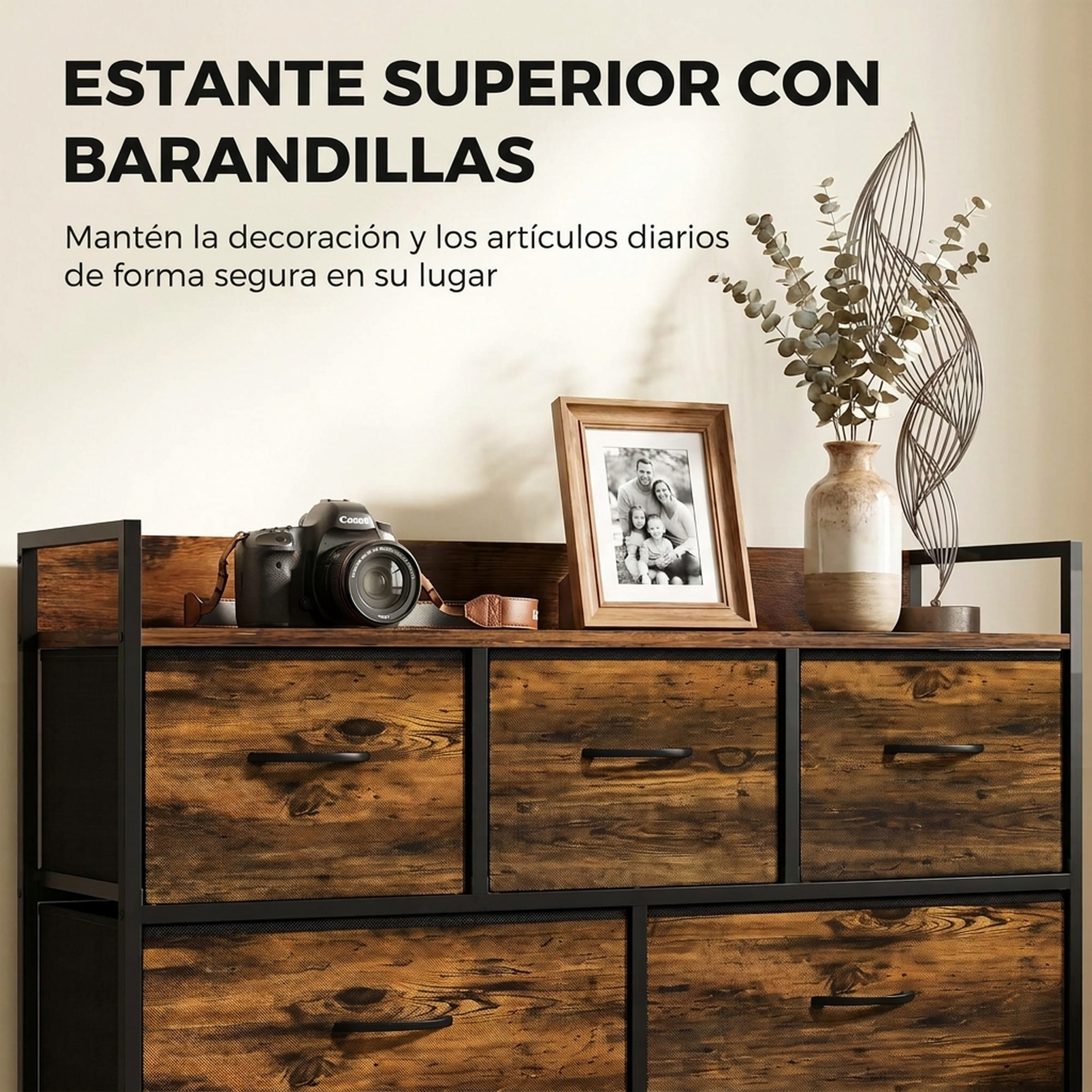 Mueble Organizador Cajonera de Tela con Cajones Plegables Estante Abierto y Marco de Acero Estilo Industrial para Salón Recibidor Dormitorio 98x29x63 cm, Marrón Rústico