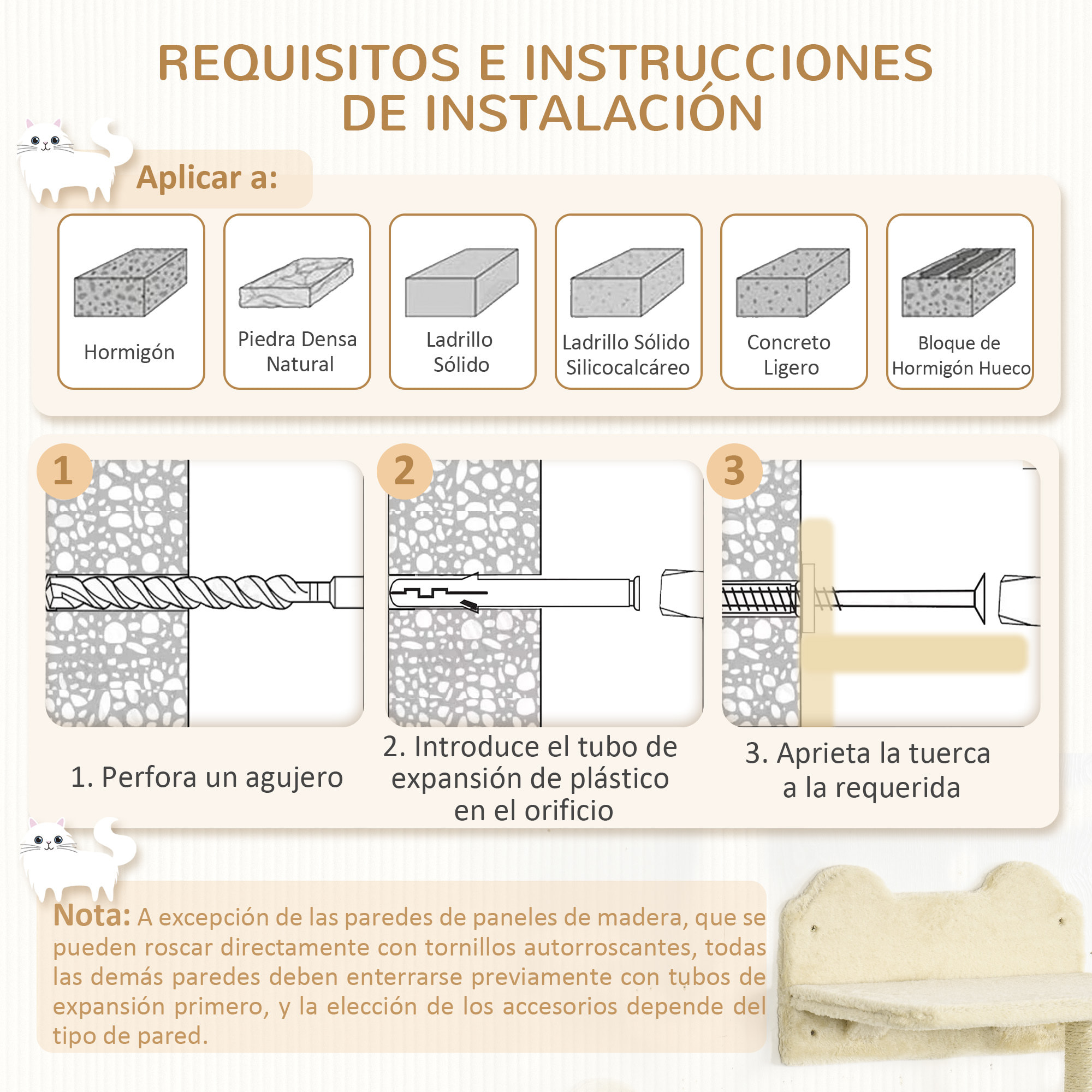 Juego de Estanterías para Gatos de 4 Piezas Rascador de Pared para Gatos con 3 Postes de Sisal Hamaca y 1 Plataforma para Saltar de 3 Niveles Beige