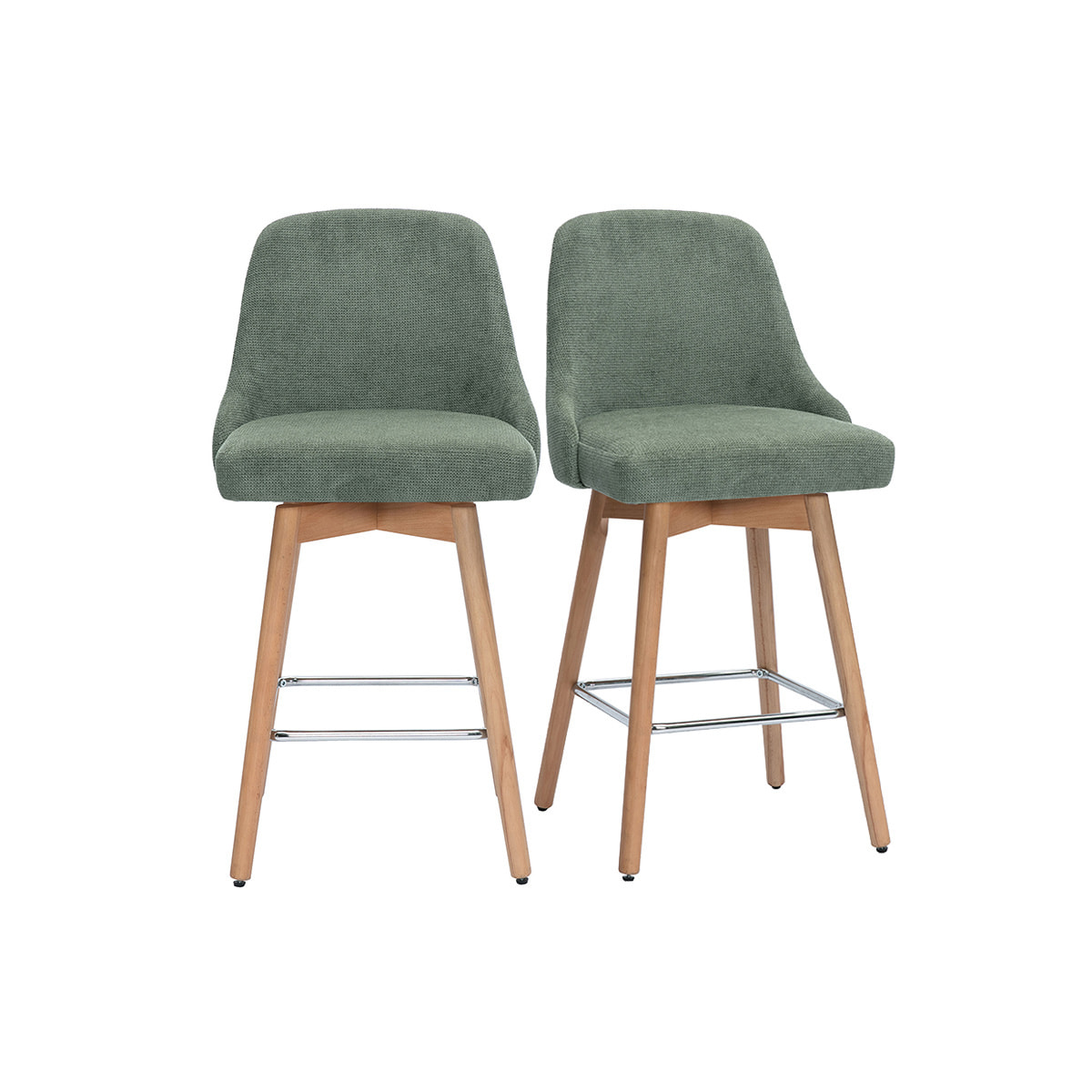 Tabourets de bar scandinaves pivotants 360° en tissu chenille vert kaki et bois hêtre massif H65 cm (lot de 2) HASTA