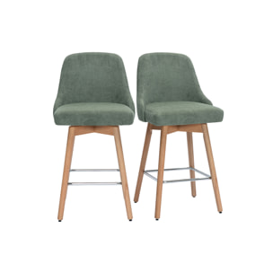 Tabourets de bar scandinaves pivotants 360° en tissu chenille vert kaki et bois hêtre massif H65 cm (lot de 2) HASTA