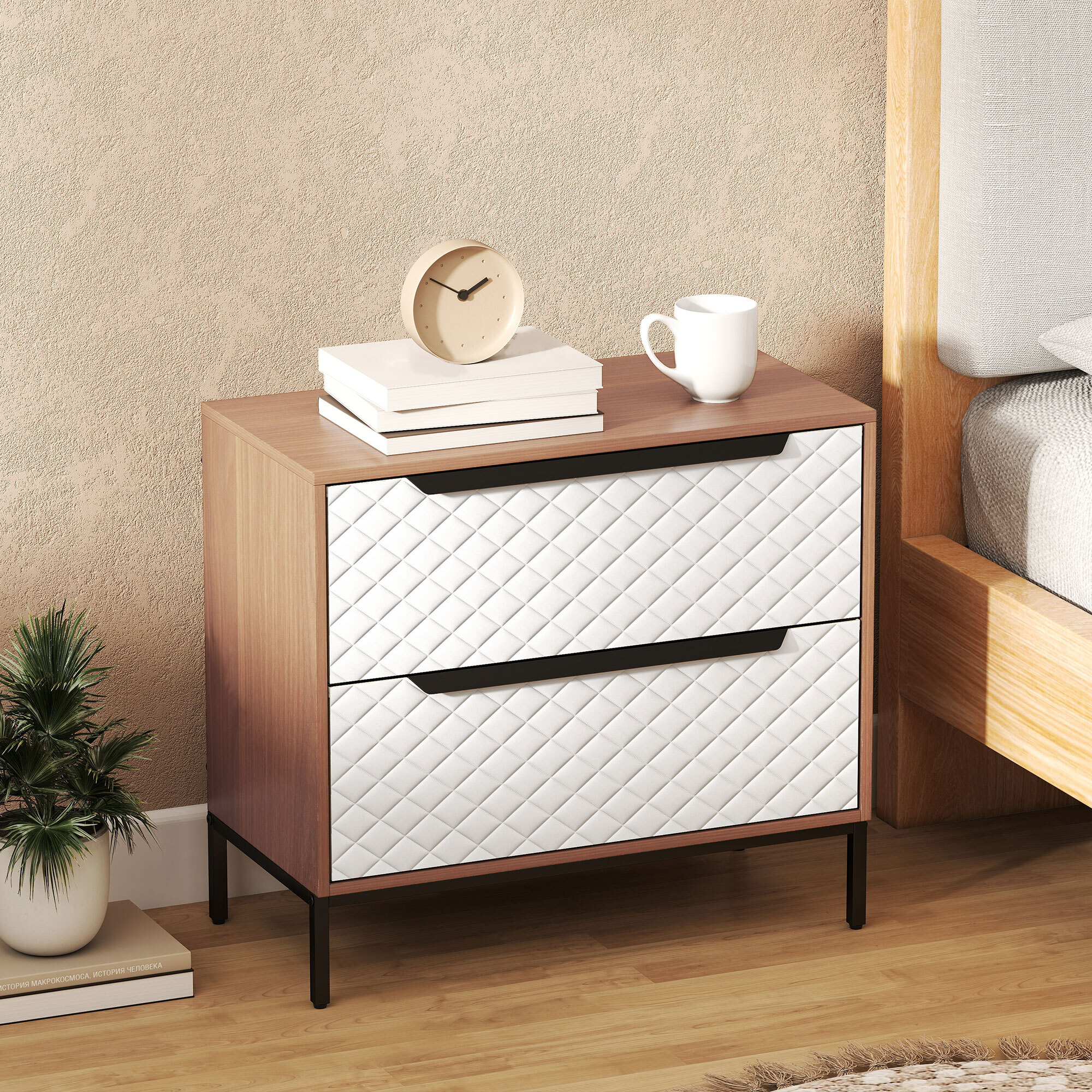 Cómoda con 2 Cajones de Tela, Cómoda para Dormitorio, Frentes con Patrón de Diamante, Cajonera para Salón, Oficina, Vestidor, Natural y Blanco