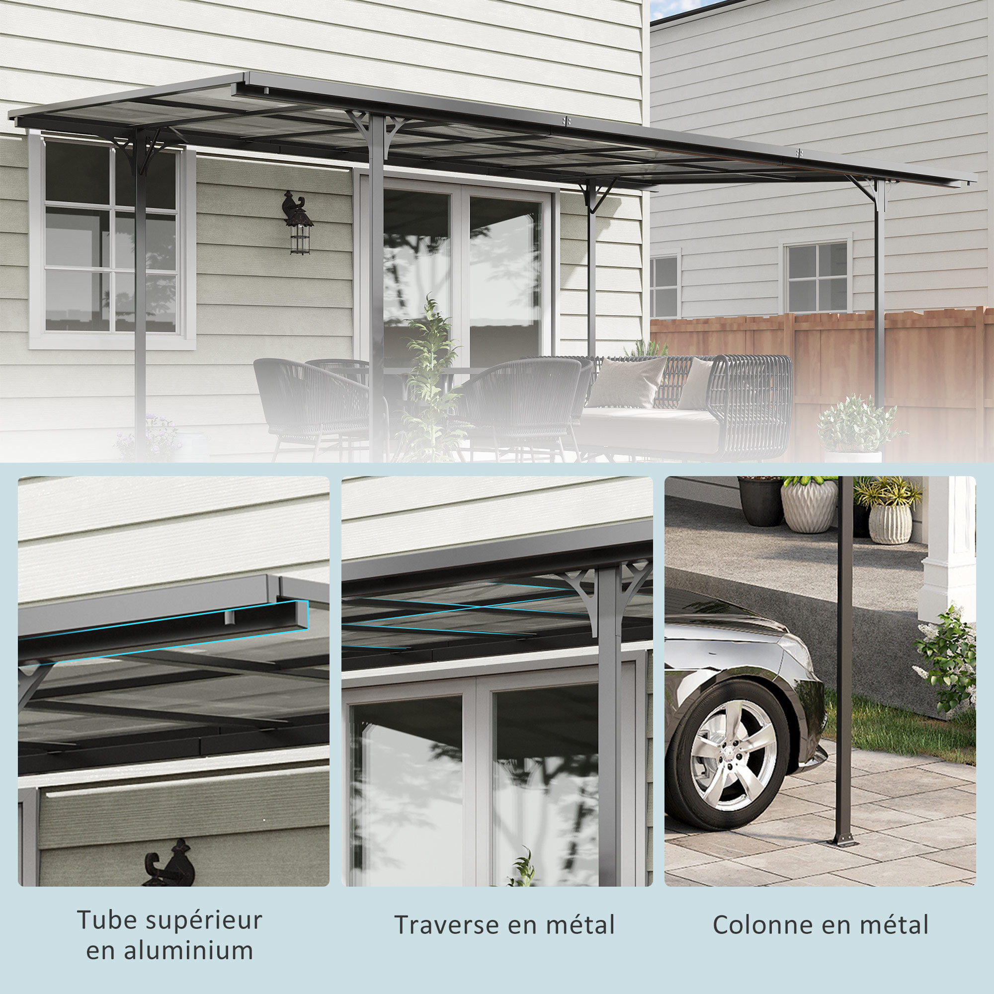 Pergola adossable rigide acier alu. toit polycarbonate dim. 5L x 2,99l x 2,23H m gris