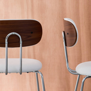 2 chaises décor bois courbé teinté noyer et tissu déperlant blanc. pieds métal chromé - L 45 x P 55 x H 80cm - Erin