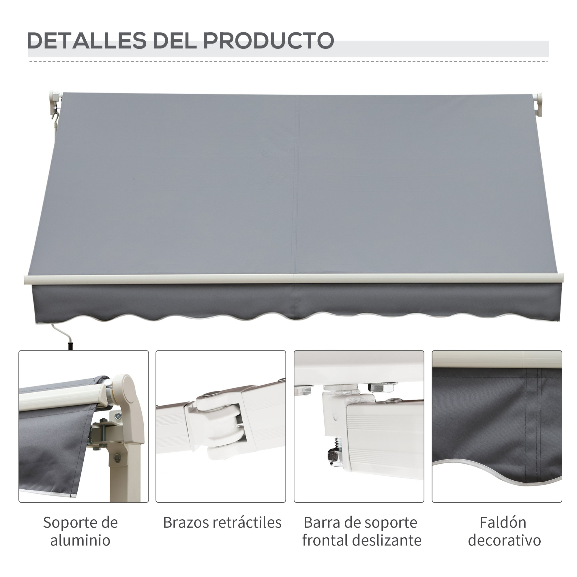 Toldo Manual Retrá¡ctil Plegable con Manivela 295x245 cm Toldo Enrollable Aluminio Protección Solar para Ventanas Puertas Balcón Terraza Exterior Gris
