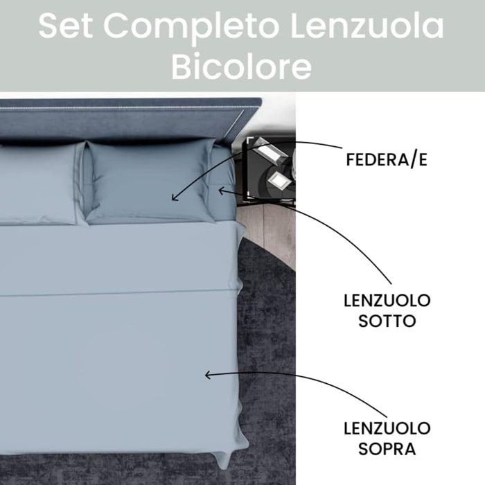 Completo lenzuola singolo in cotone bicolore morbido e traspirante, set letto con lenzuolo sopra, sotto con angoli e federa, design con piping a contrasto elegante, resistente e leggero 116 gsm, certificato OEKO-TEX