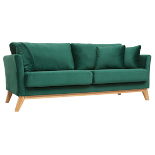 Canapé scandinave déhoussable 3 places en tissu velours vert émeraude et bois clair OSLO