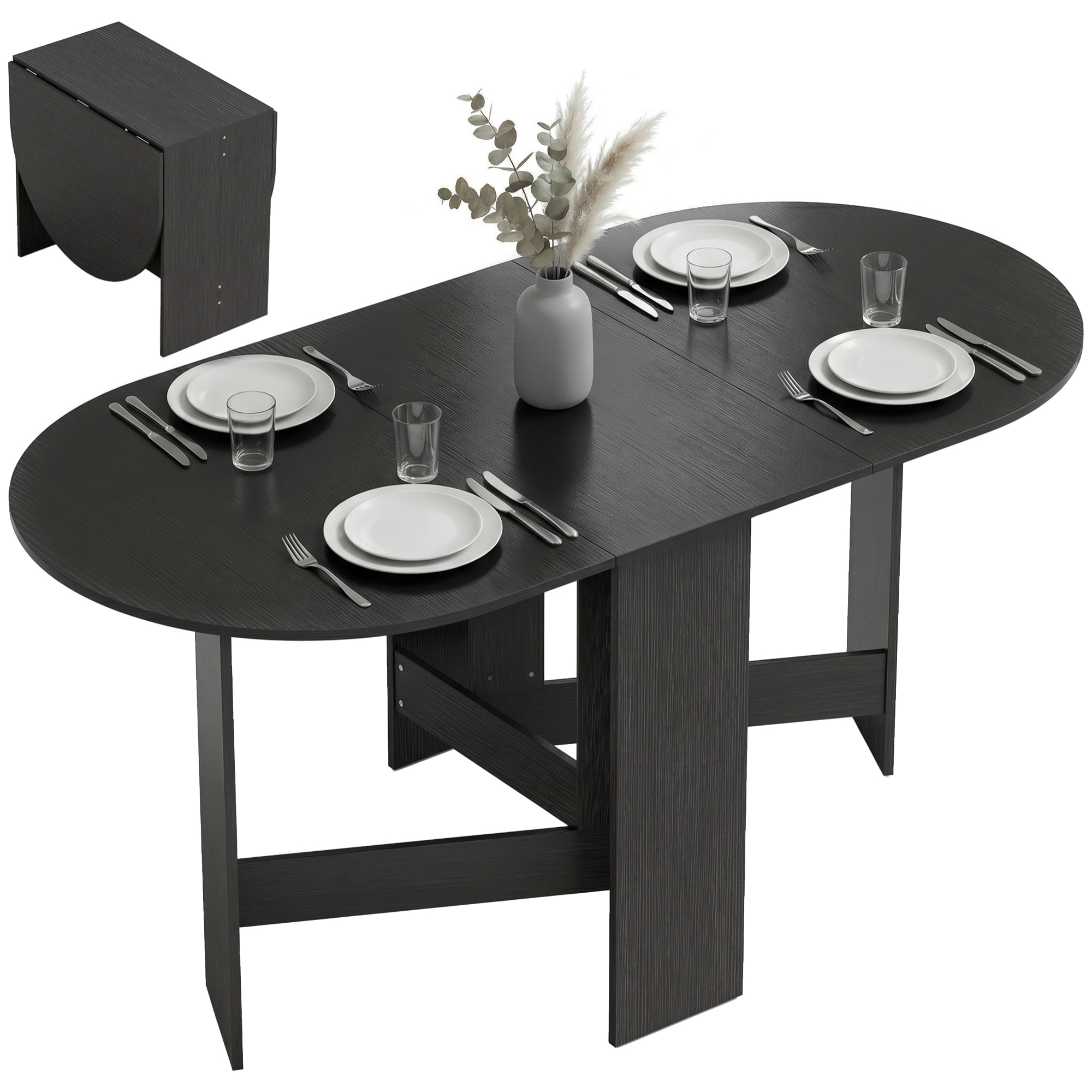 Mesa Plegable de Comedor, Mesa de Cocina Plegable Ovalada, 163x80x75 cm con Alas Abatibles, Hasta 6 Personas, para Comedor, Salón, Espacio Pequeño, Negro