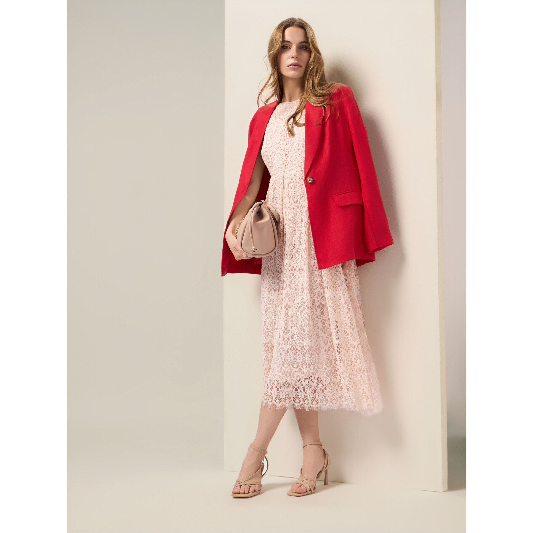 Oltre - Vestito midi in pizzo misto cotone - Rosa