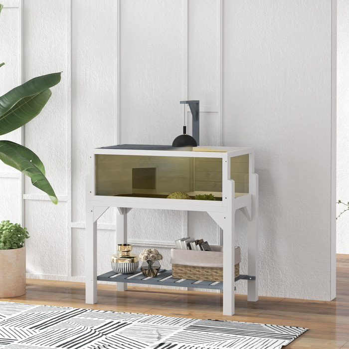 Maison pour tortue sur pied 2 zones étagère - terrarium - toit ouvrant, enclos, support lampe - gris