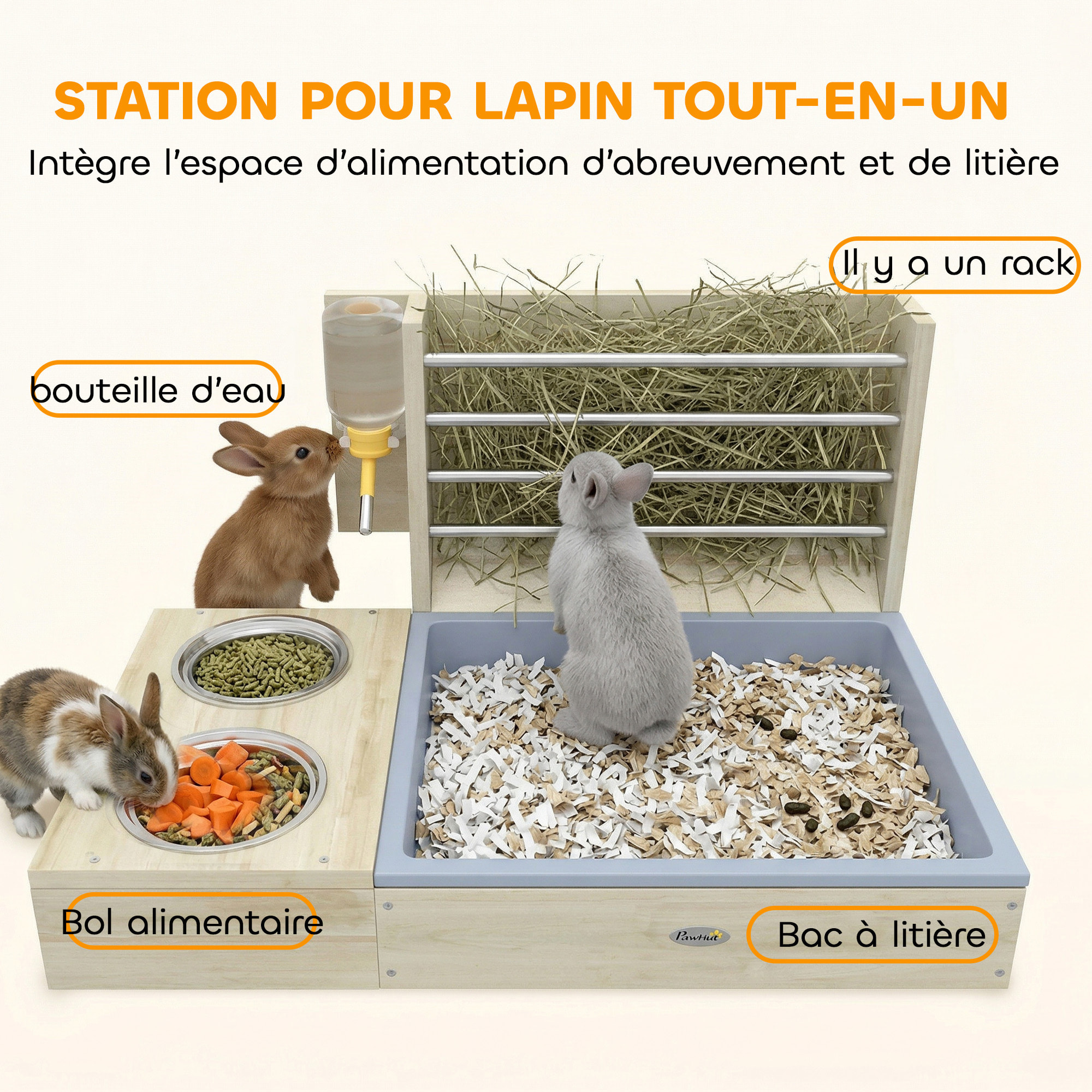 Station mangeoire 3 en 1 pour lapins et cochon d'Inde - râtelier à foin - bois naturel