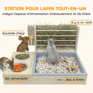 Station mangeoire 3 en 1 pour lapins et cochon d'Inde - râtelier à foin - bois naturel