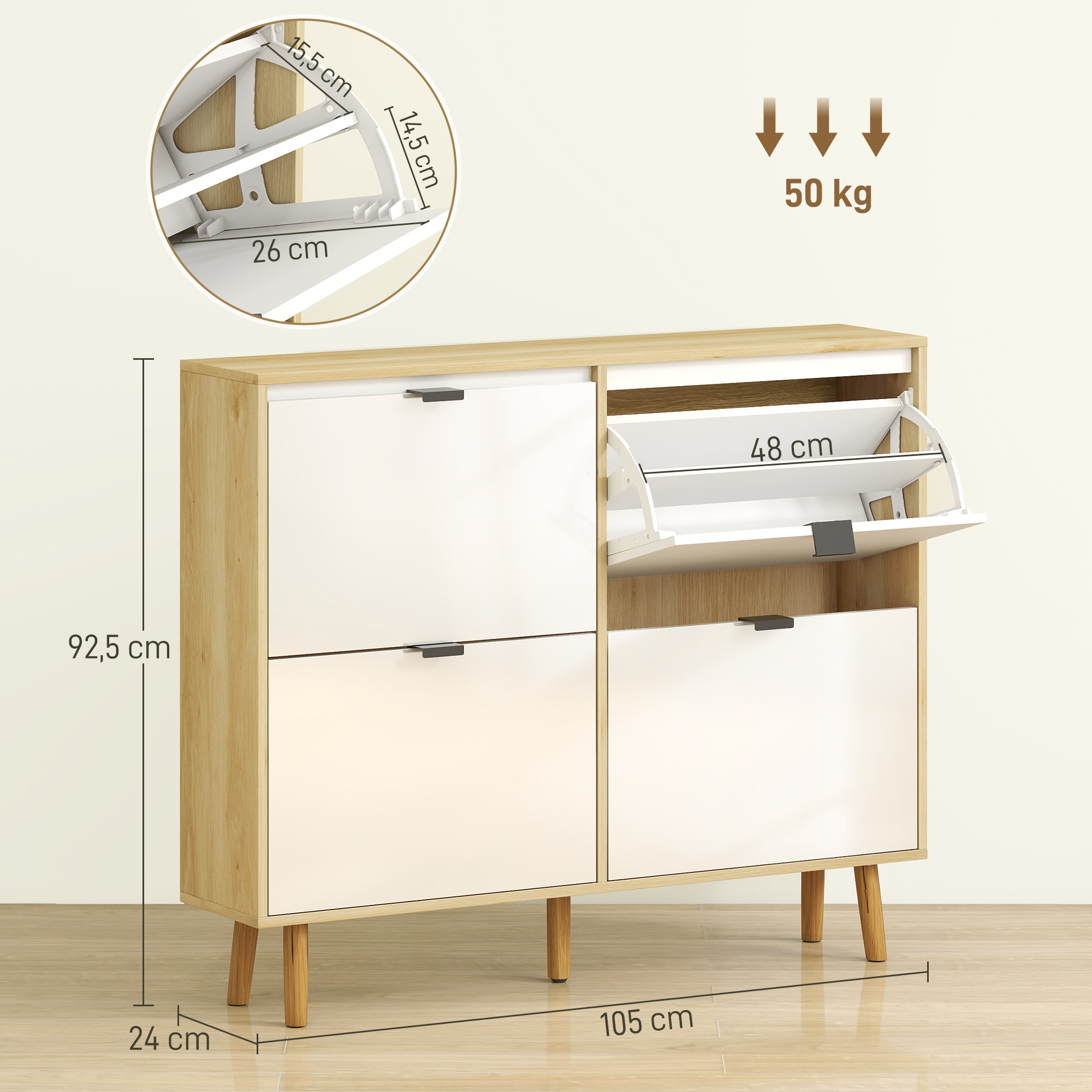 Zapatero Estrecho con 4 Puertas en Blanco Brillo, Zapatero Entrada Recibidor con Estantes Ajustables Patas de Madera, para 20 Pares de Zapatos, 105x24x92,5 cm Blanco