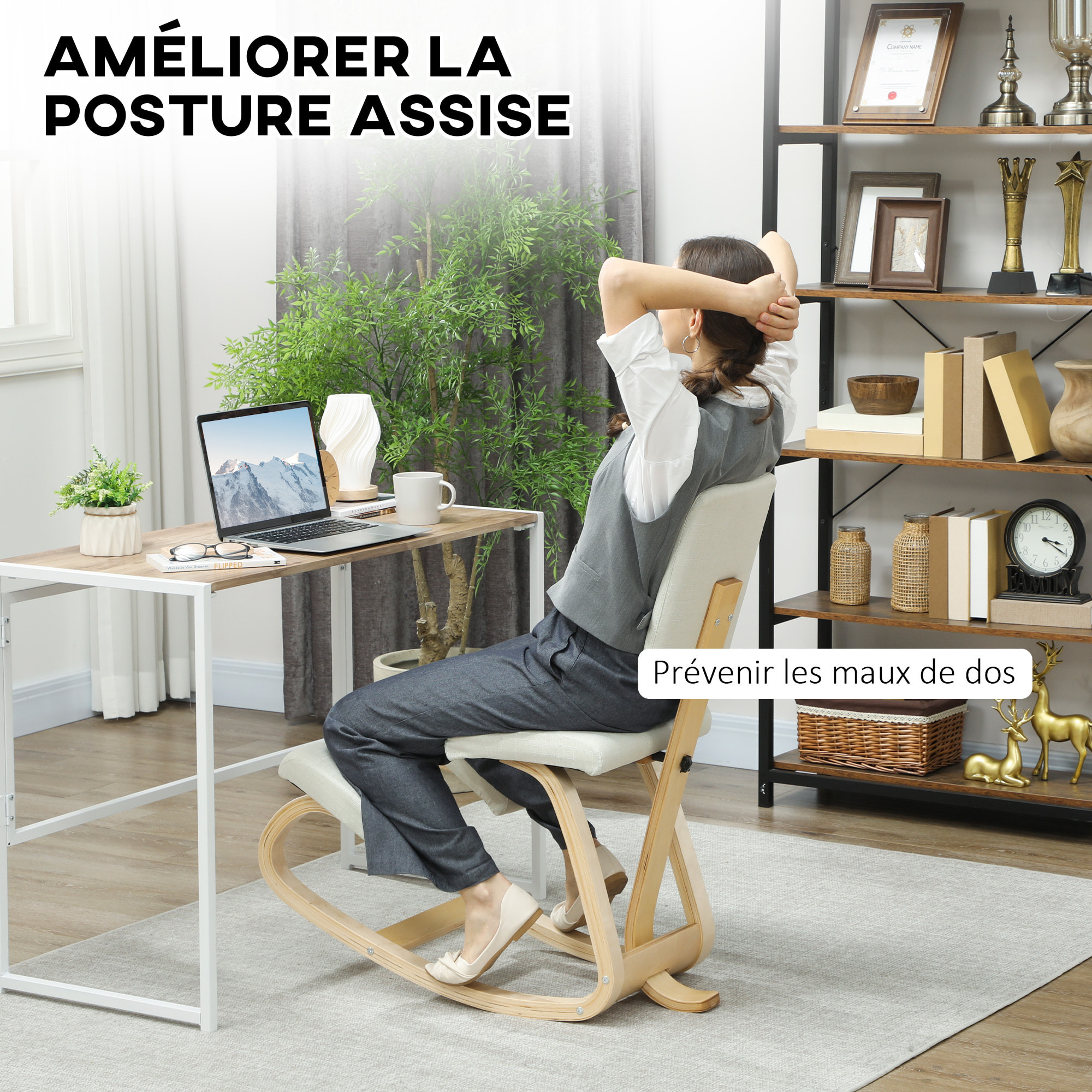 Siège ergonomique - siège assis-genoux - chaise assis genoux avec dossier - bois bouleau tissu blanc cassé