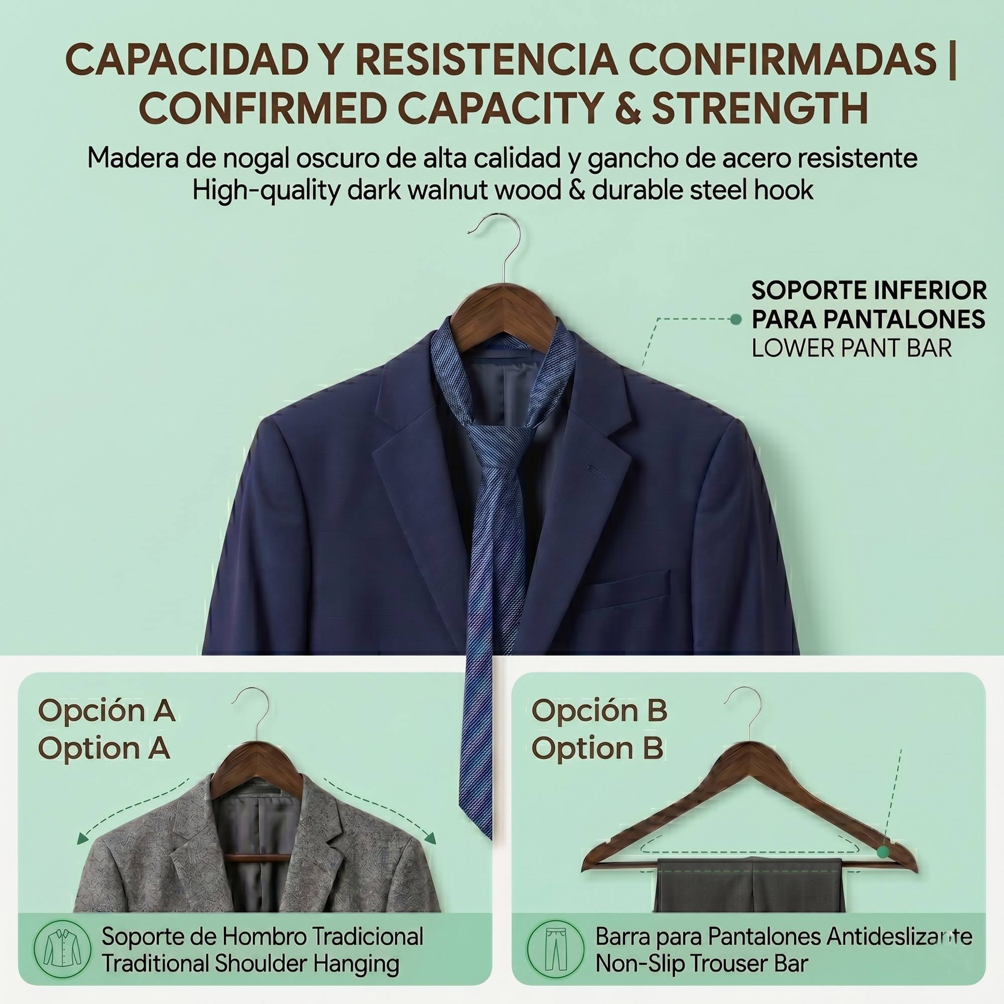 Set de perchas de madera robusta - Gancho giratorios - Muescas antideslizantes