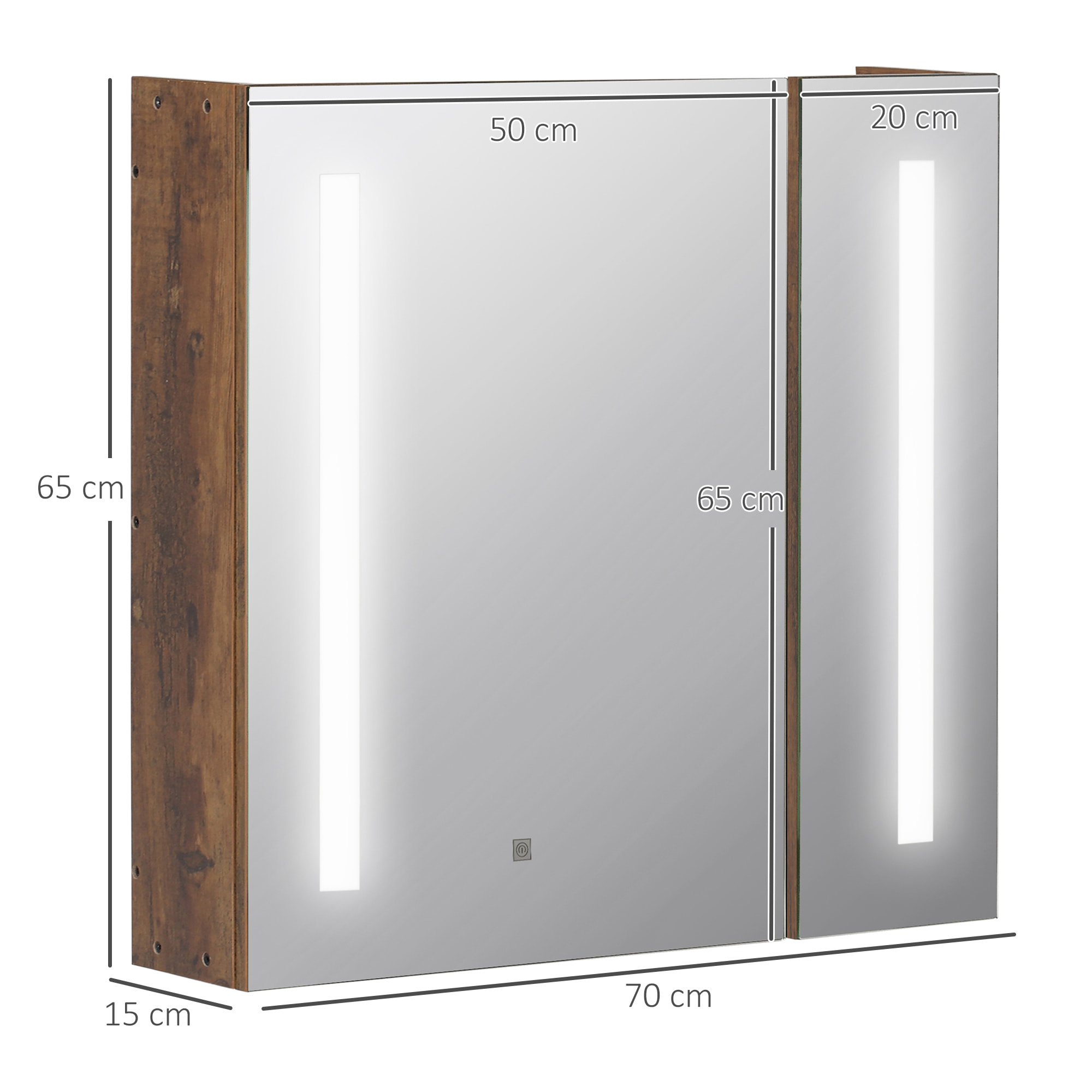 kleankin Armario con Espejo de Baño con Luz LED Armario de Baño Colgante con 2 Puertas Función de Memoria e Interruptor Táctil Estilo Moderno 70x15x65 cm Marrón Rústico