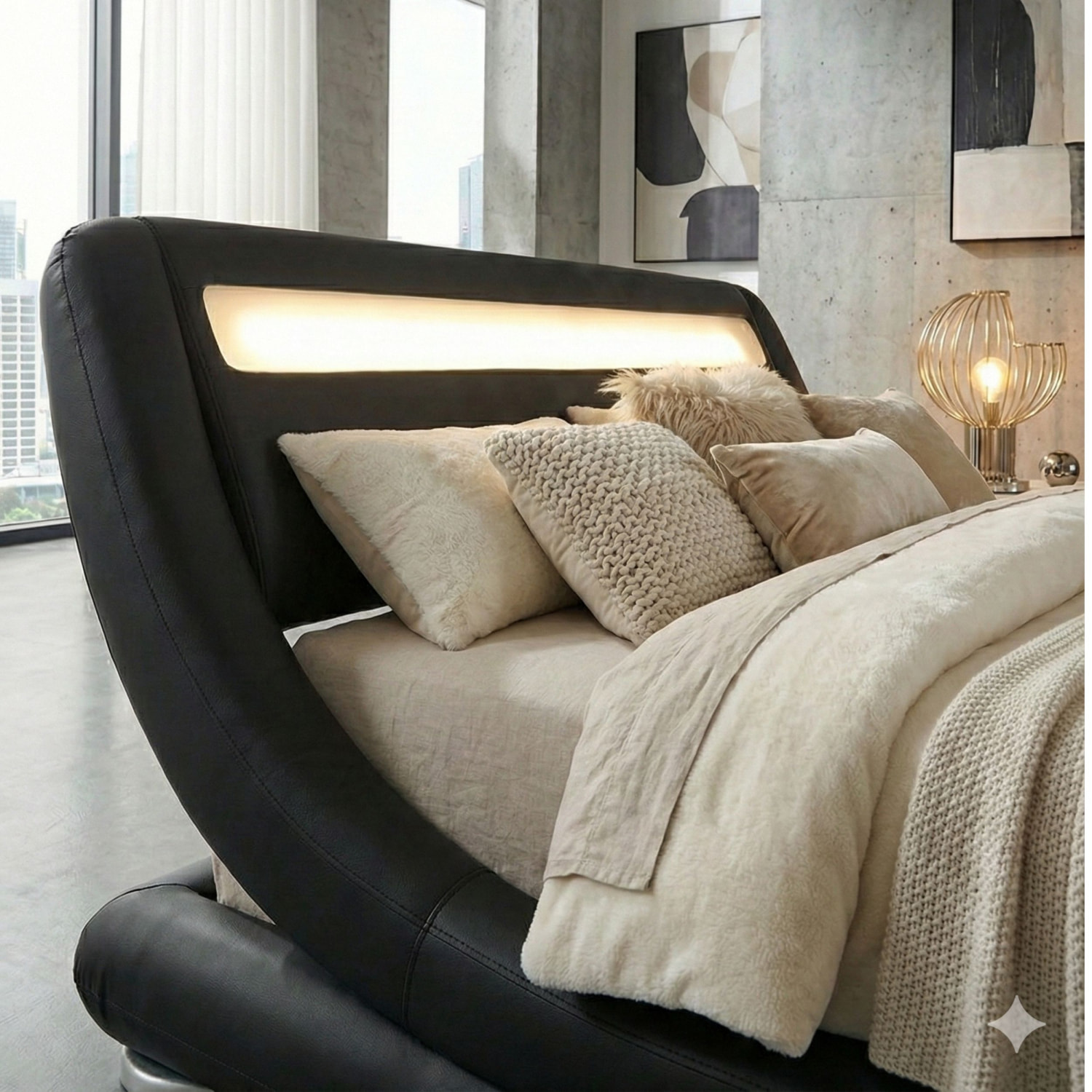 Structure de lit avec LED 140 x 190 cm en PU noir ARMANDA