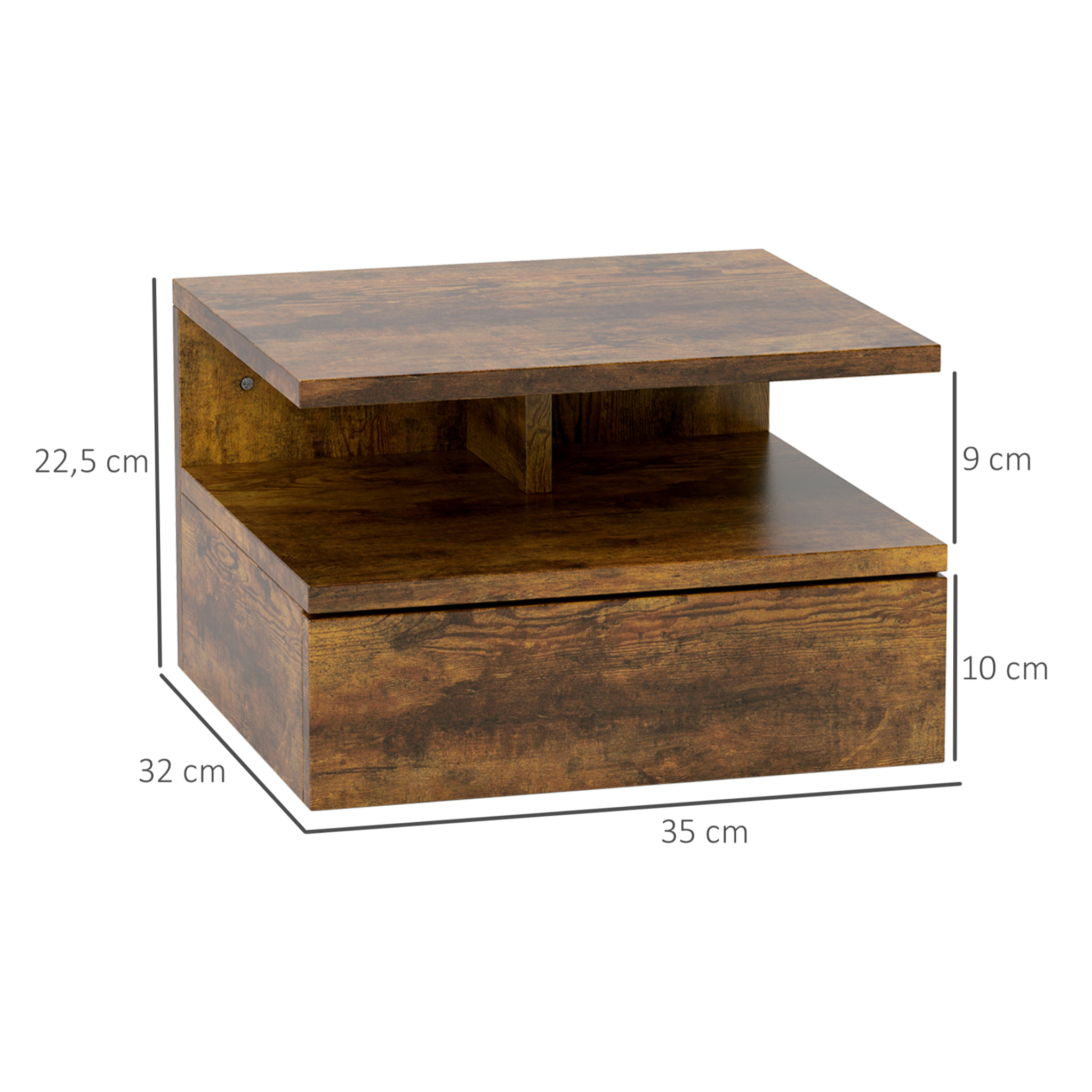 Juego de 2 Mesitas de Noche Flotantes, Mesillas de Noche Dormitorio con Cajón, Estante Abierto, Ahorra Espacio, Diseño Moderno, para Sala de Estar, 35x32x22,5 cm, Marrón Rústico