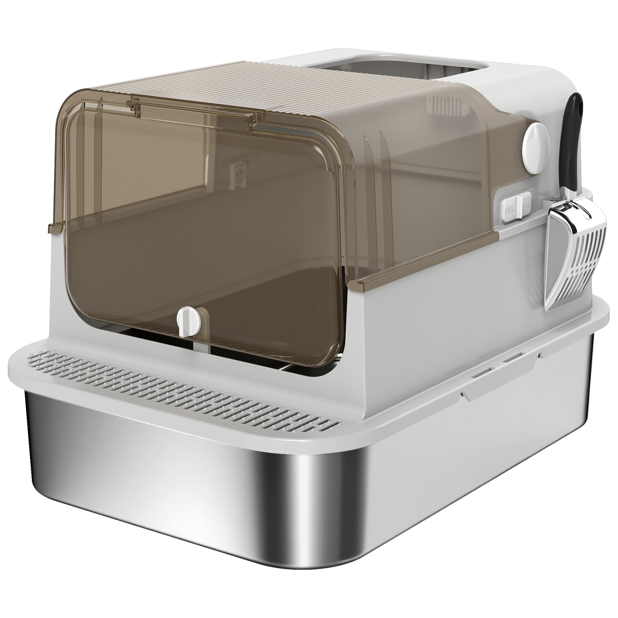 Maison de toilette XL pour chat bac acier inox porte grande ouverture verrouillable pelle