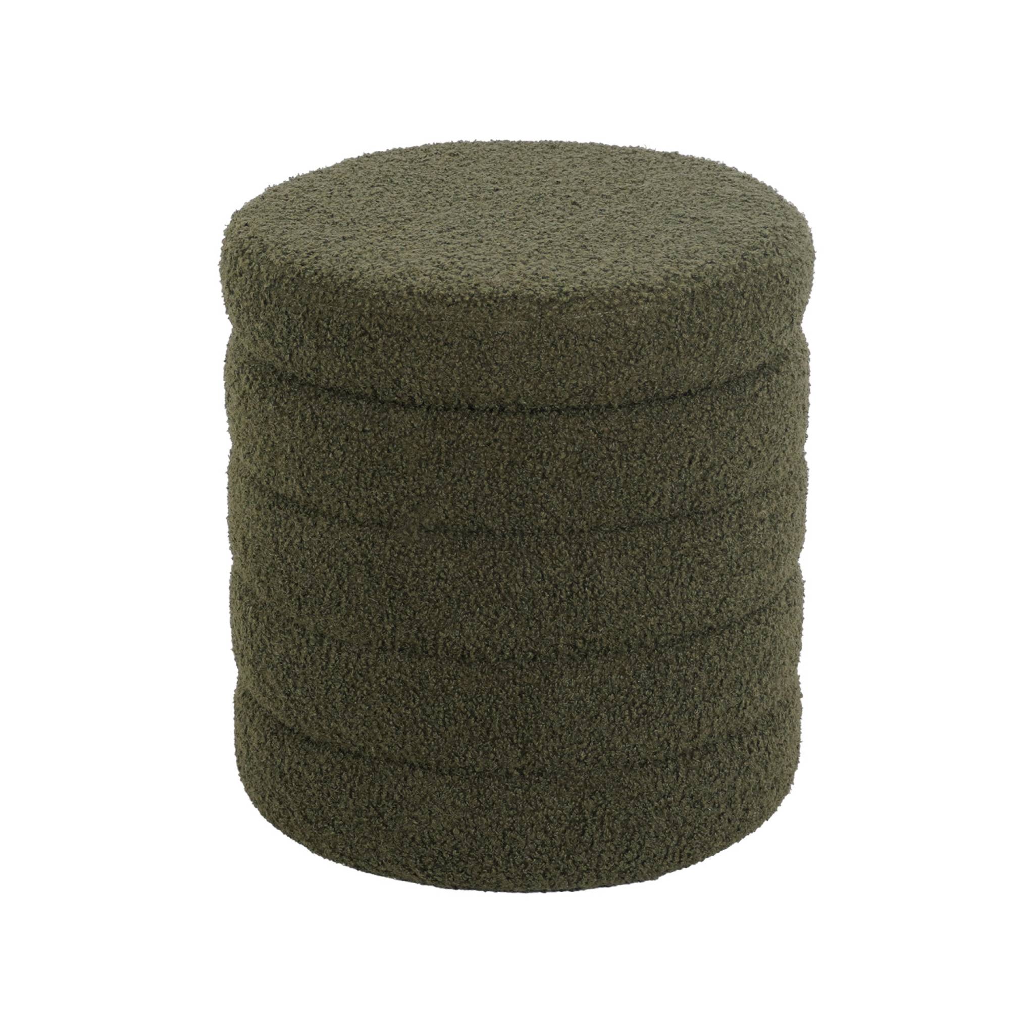 Tabouret en bouclettes kaki avec coffre de rangement intégré