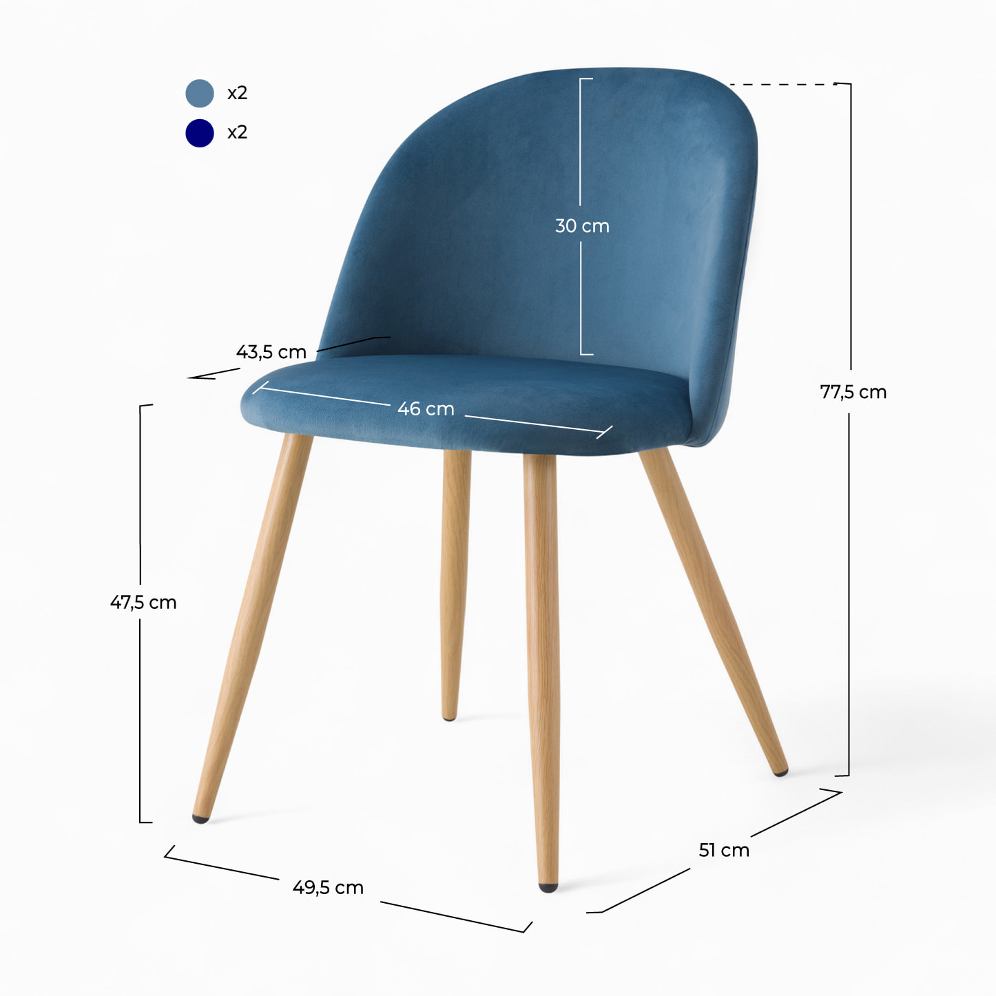 Pack 4 chaises Cosy en velours bleu foncé et bleu