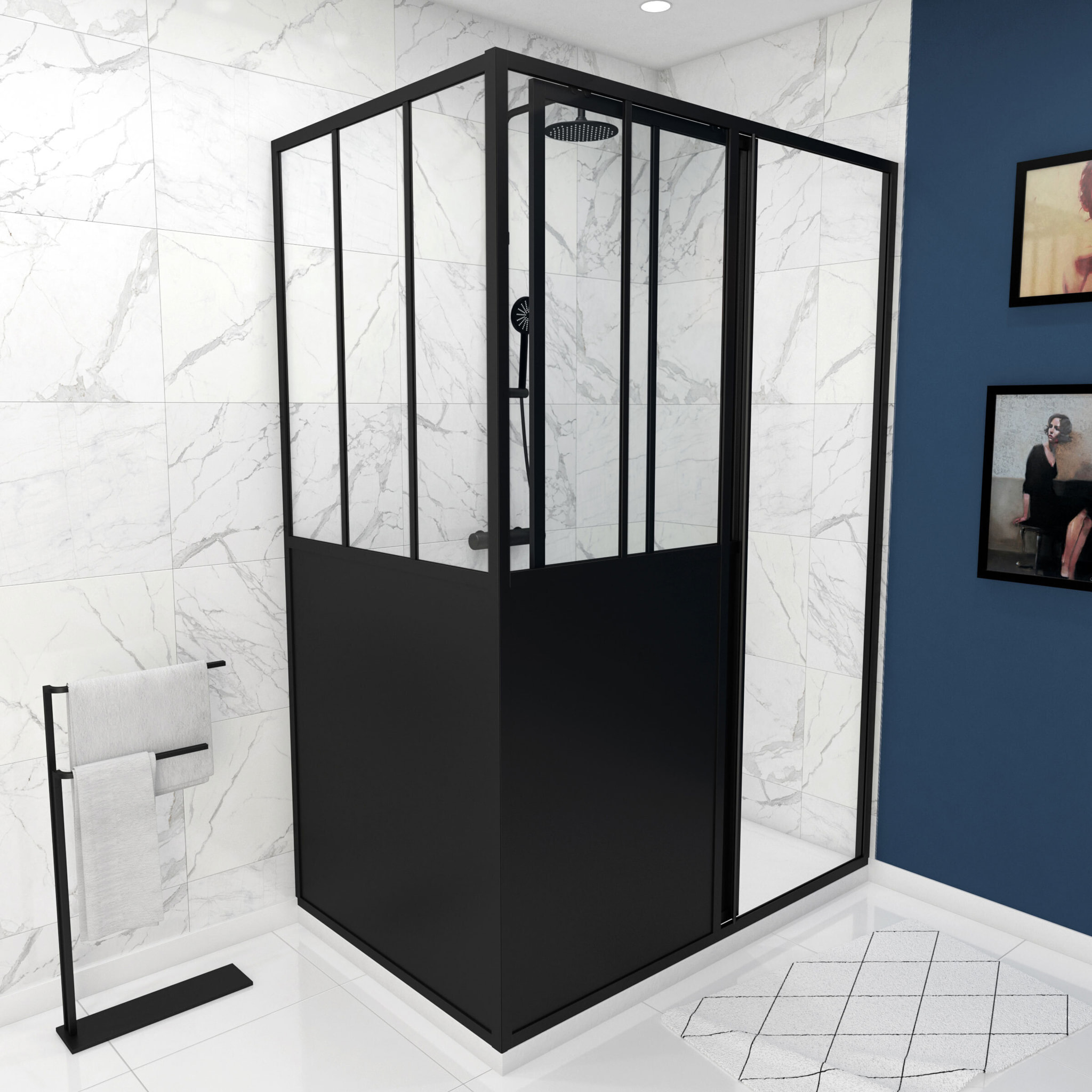 Porte de douche coulissante 120x200cm et paroi de retour 90x200cm type atelier