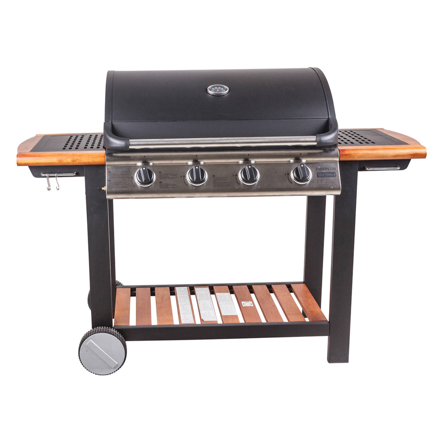 Barbecue a gas 4 bruciatori, in metallo e ripiani in legno, cm144 x 56 x h106