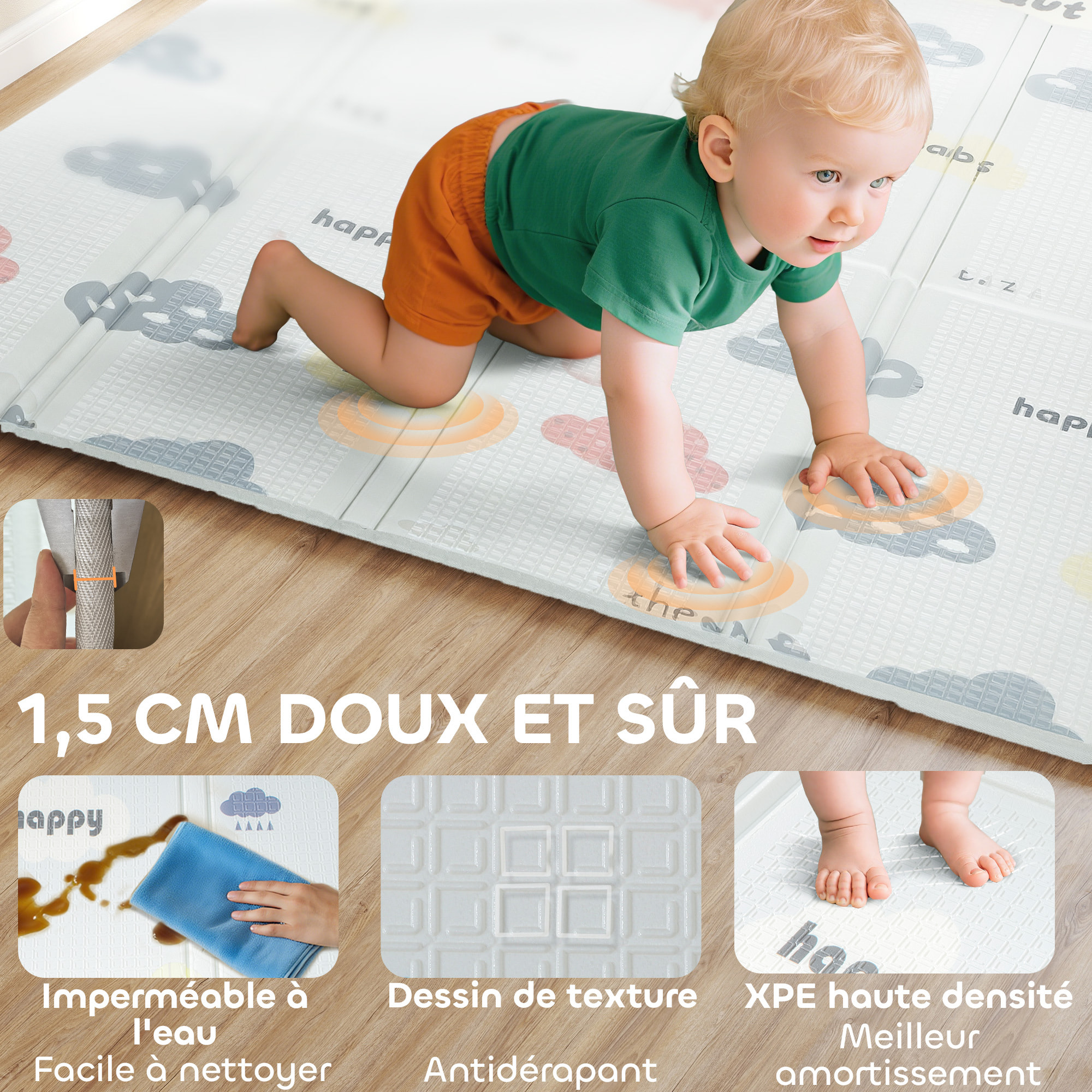 Tapis de jeu - tapis enfant pliable réversible - dim. 194 x 176,5 cm ép. 1,5 cm - chiffres lettres colorés