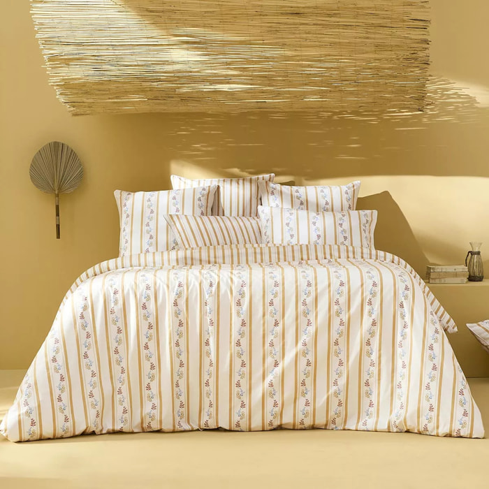 Lot h.couette +taies percale de coton lavé rayé jaune beige Honfleur paille