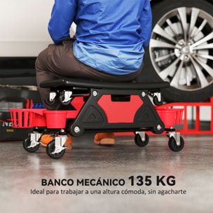 Taburete de Taller Giratorio con Ruedas Altura Ajustable Asiento Taburete para Mecánico con 2 Bandejas para Herramientas Portavasos Cajón Carga 135 kg para Garaje Reparación de Automóviles Rojo