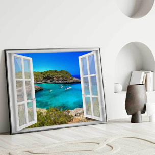 Affiche encadrée fenêtre baie turquoise bateaux Affiche + cadre en métal - Noir