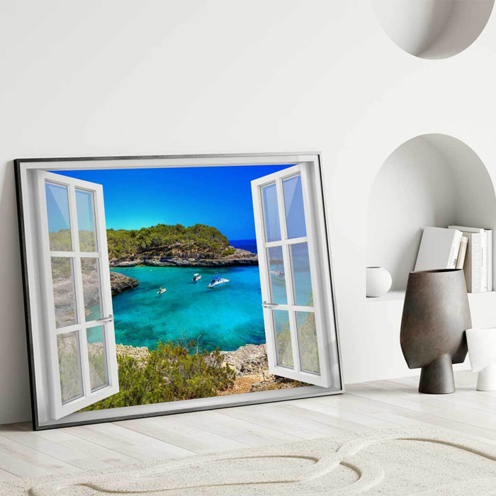 Affiche encadrée fenêtre baie turquoise bateaux Affiche + cadre en métal - Noir