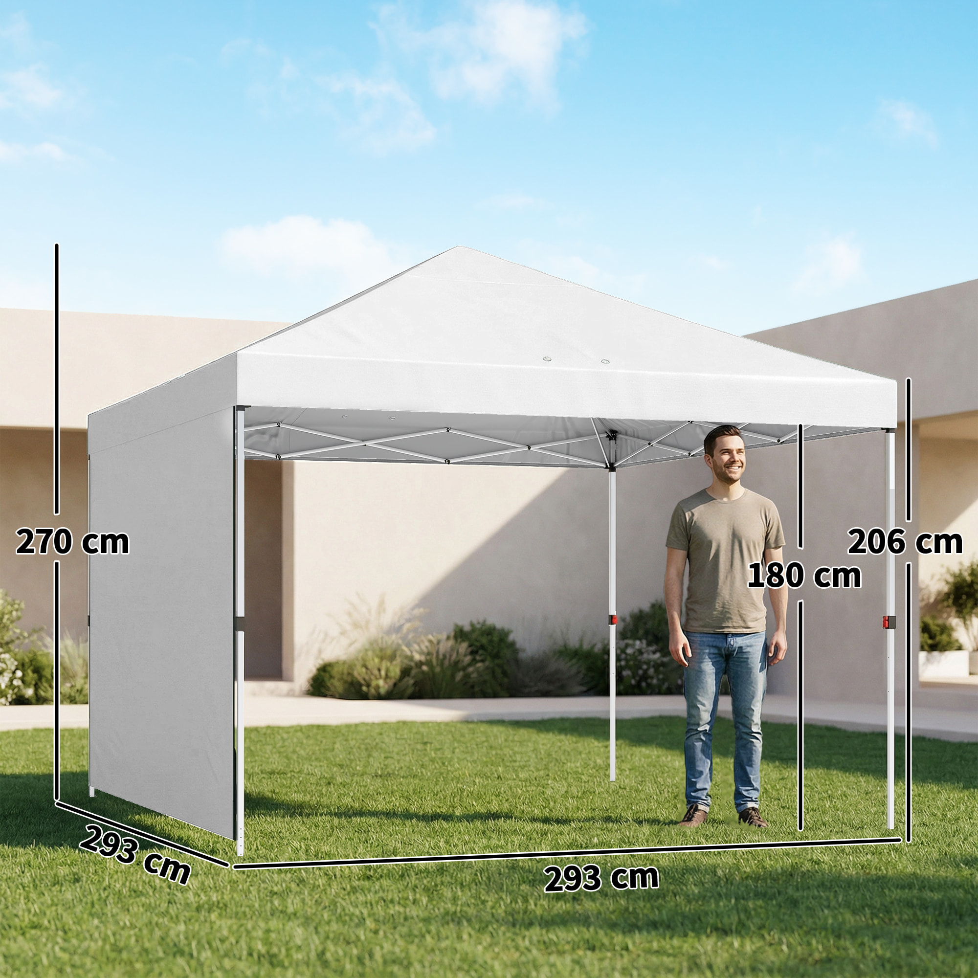 Carpa Plegable 3x3 m, Pop-up, con Pared Lateral, Cenador de Jardín con Protección UPF50+, Empuje Central, Altura Ajustable, Bolsa de Transporte, Gazebo para Camping, Exterior, Blanco